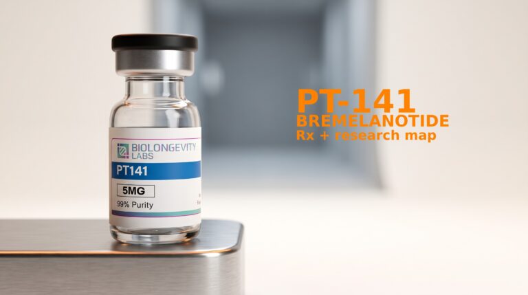 PT-141 / bremelanotide research vial — desire research + Rx map