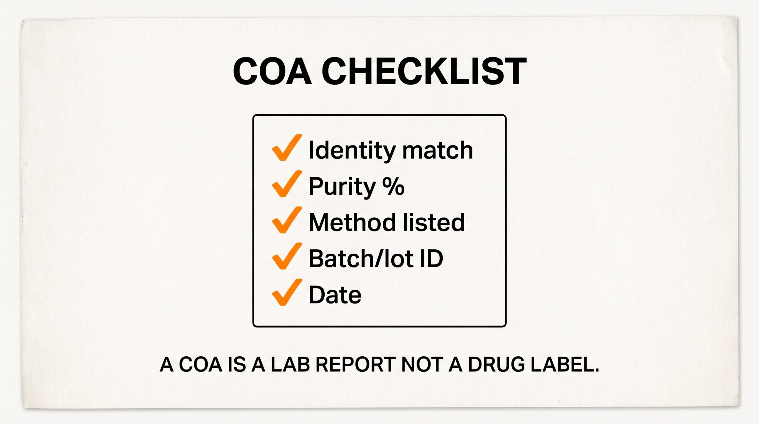 Teaching diagram: COA checklist for research peptides — identity, purity, method, lot, date.