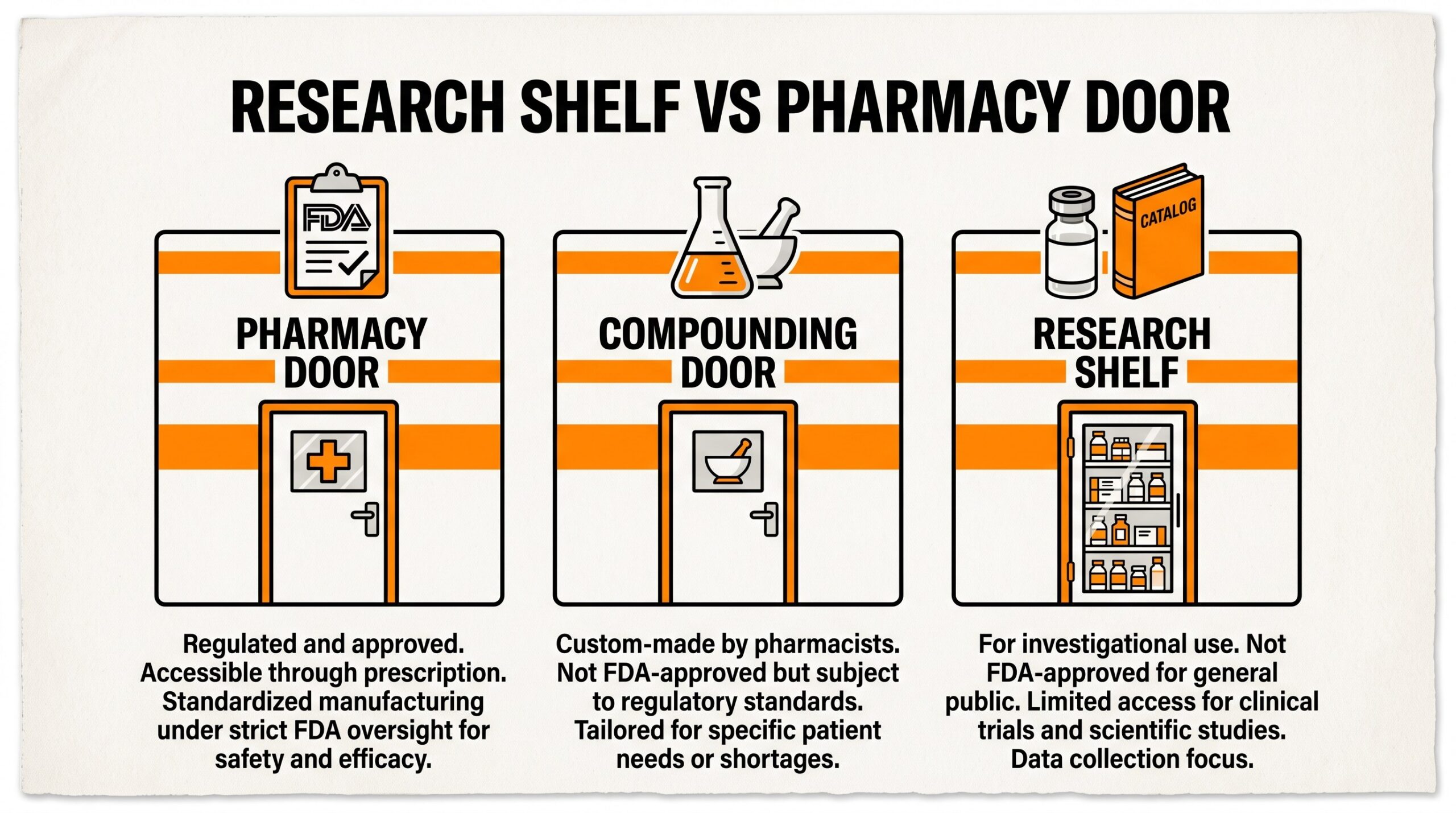 Teaching diagram: research shelf vs pharmacy door vs compounding door for research peptides.