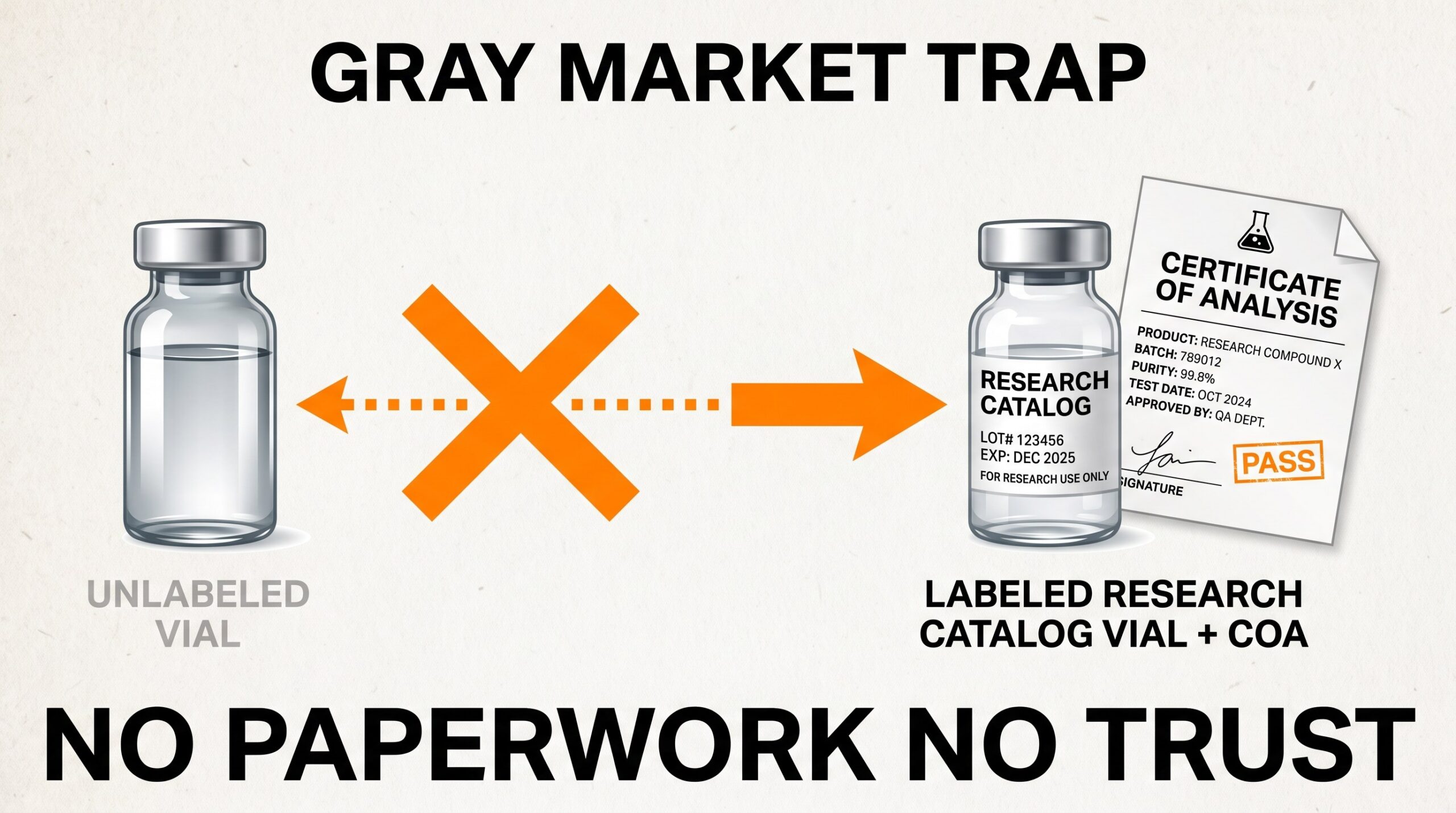 Teaching diagram: gray market trap vs catalog vial with COA paperwork.