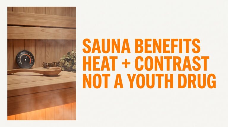 Sauna benefits featured thumbnail — heat plus contrast, not a youth drug, Finnish sauna still-life