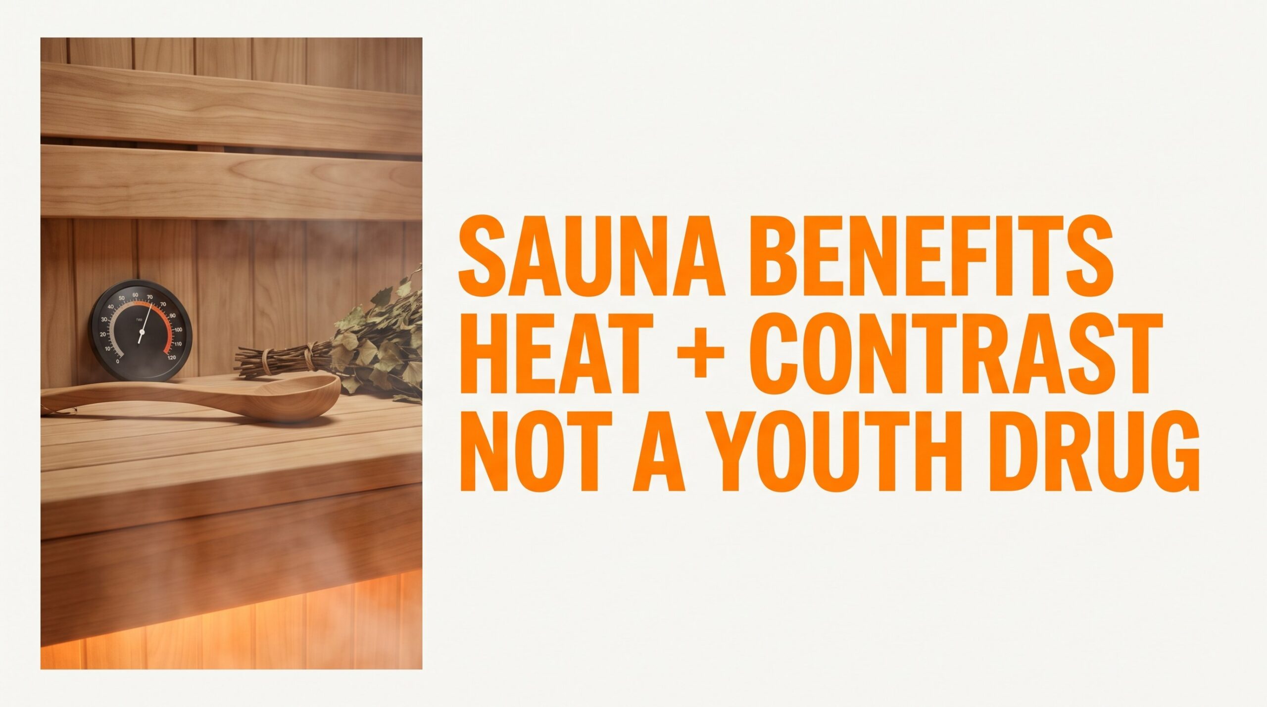 Sauna benefits featured thumbnail — heat plus contrast, not a youth drug, Finnish sauna still-life