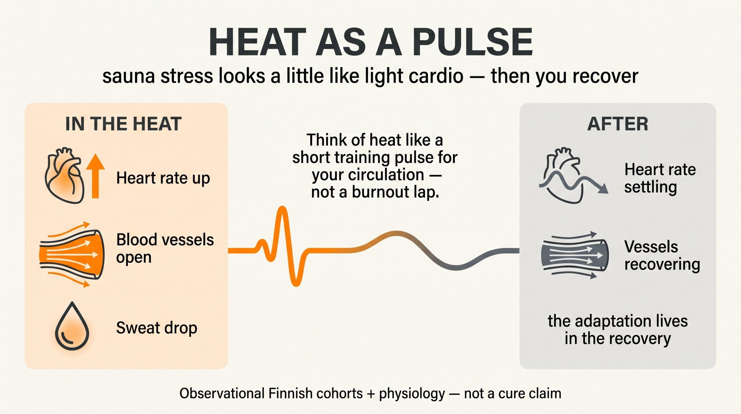Teaching diagram: sauna heat raises heart rate and opens vessels, then recovery settles the system — heat as a short circulatory pulse.