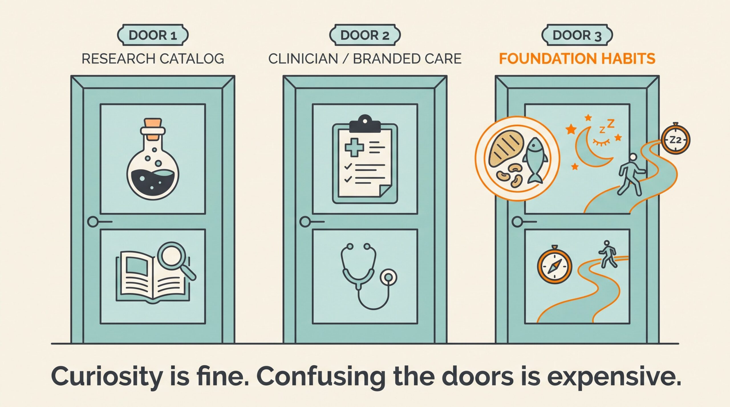 Three doors comparison for semaglutide: research catalog listing, clinician branded care, and foundation habits.