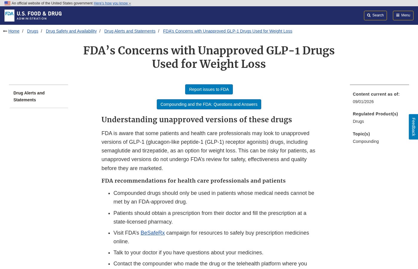 FDA alert page headline screenshot