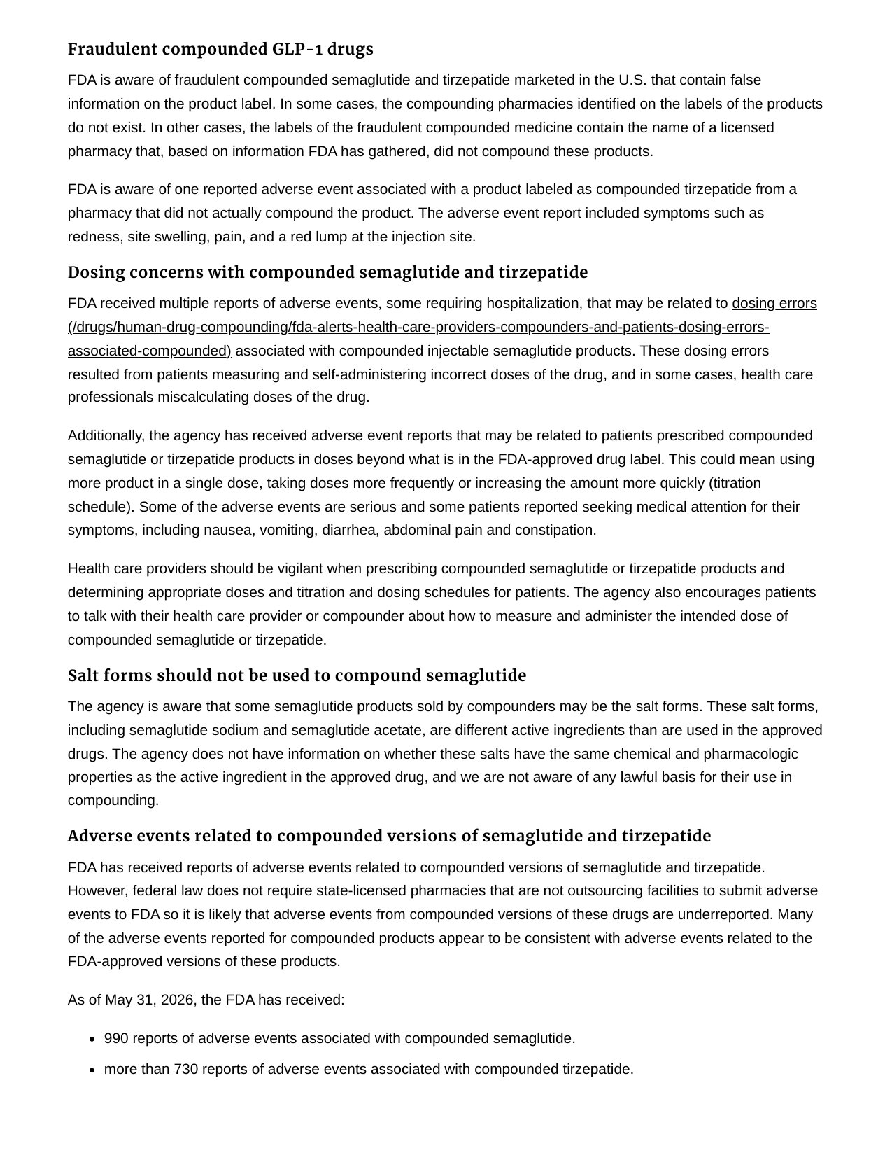 FDA compounded GLP-1 adverse event counts screenshot