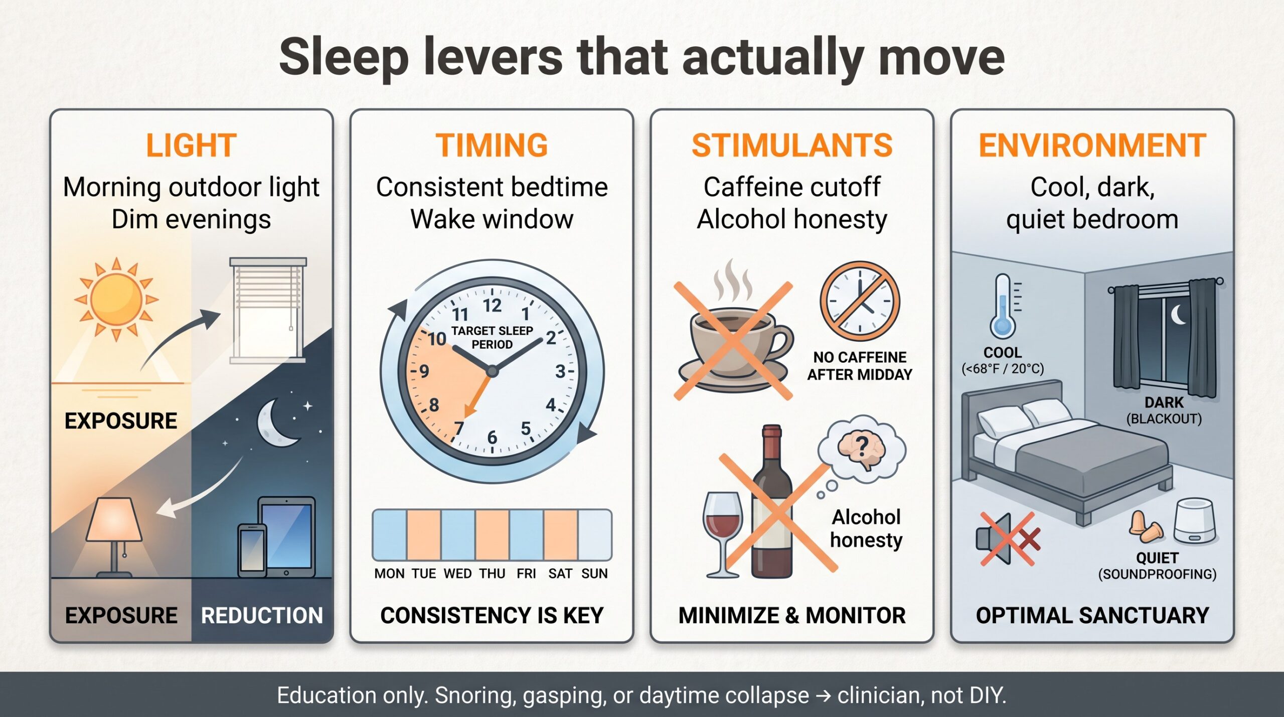 Teaching diagram of sleep levers that actually move: light, timing, stimulants, and bedroom environment, with a clinician referral footer for snoring or gasping.