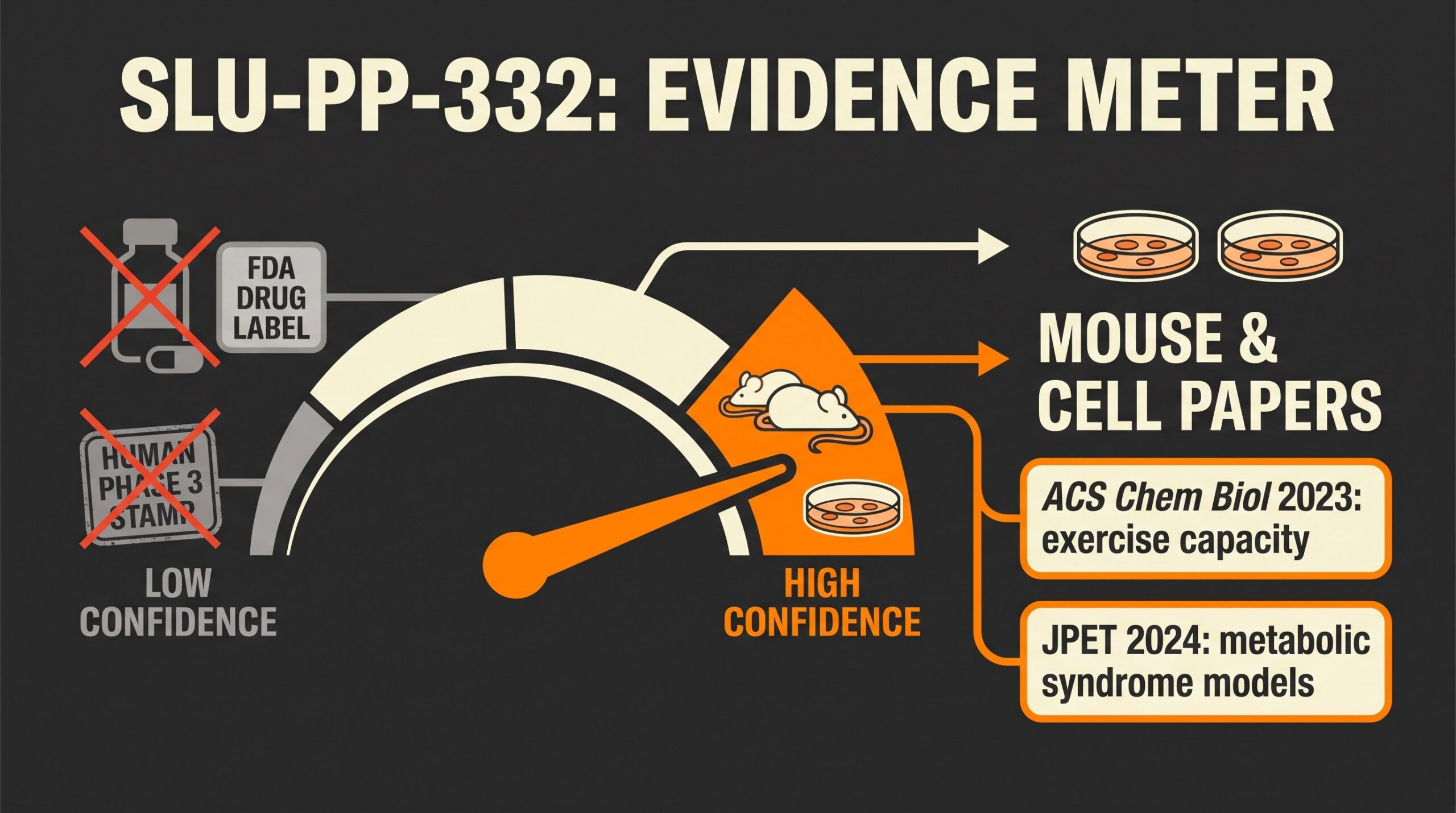 Teaching diagram: SLU-PP-332 evidence confidence dial pointing to mouse and cell papers, not an FDA drug label.