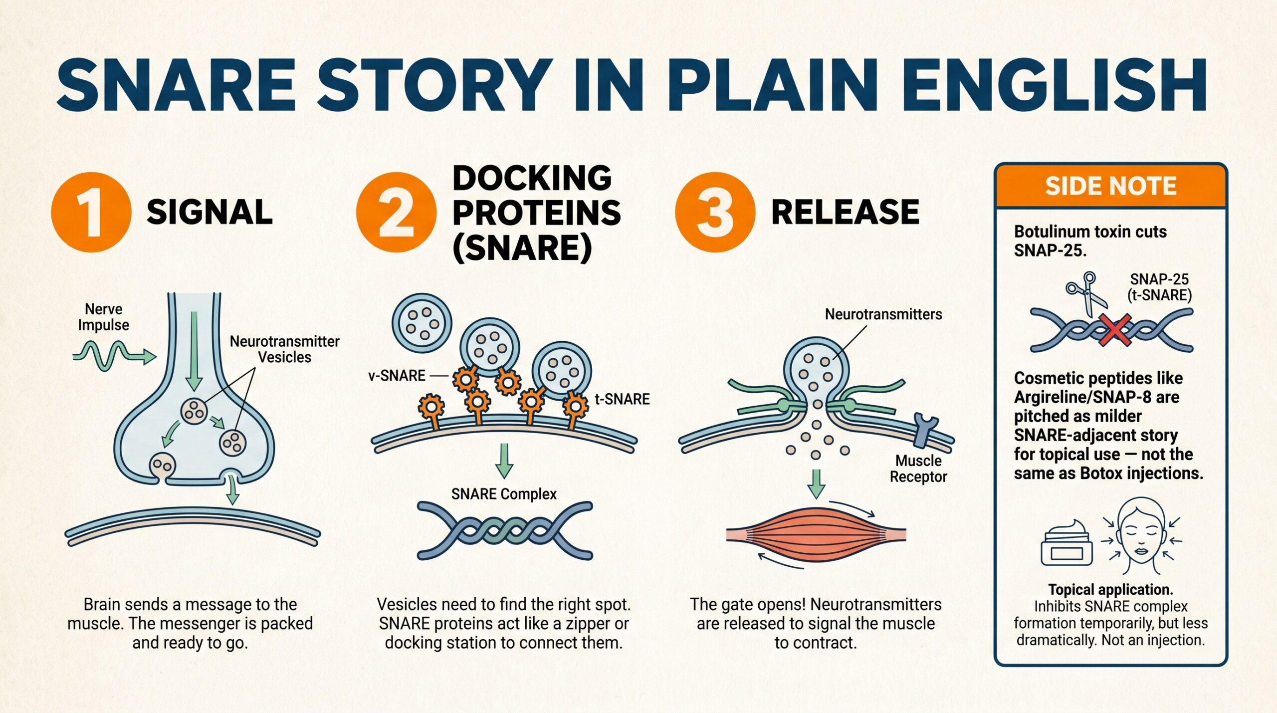 Teaching diagram: SNARE story in plain English vs botulinum toxin