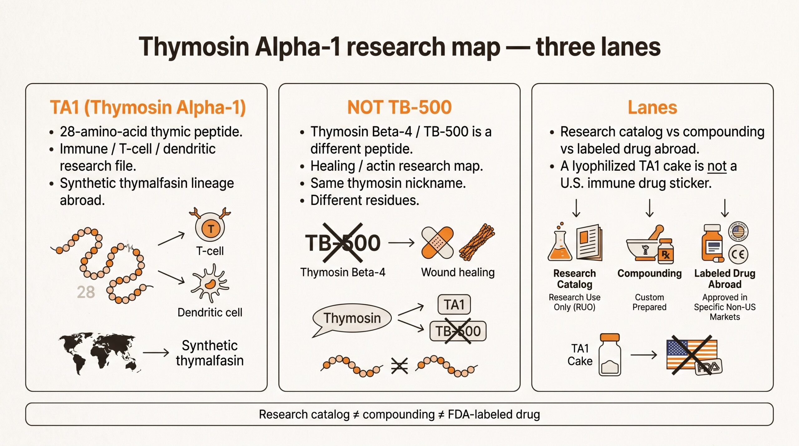 Teaching diagram of Thymosin Alpha-1 research lanes: TA1 thymic peptide, not TB-500, and research-catalog versus compounding versus labeled-drug lanes.