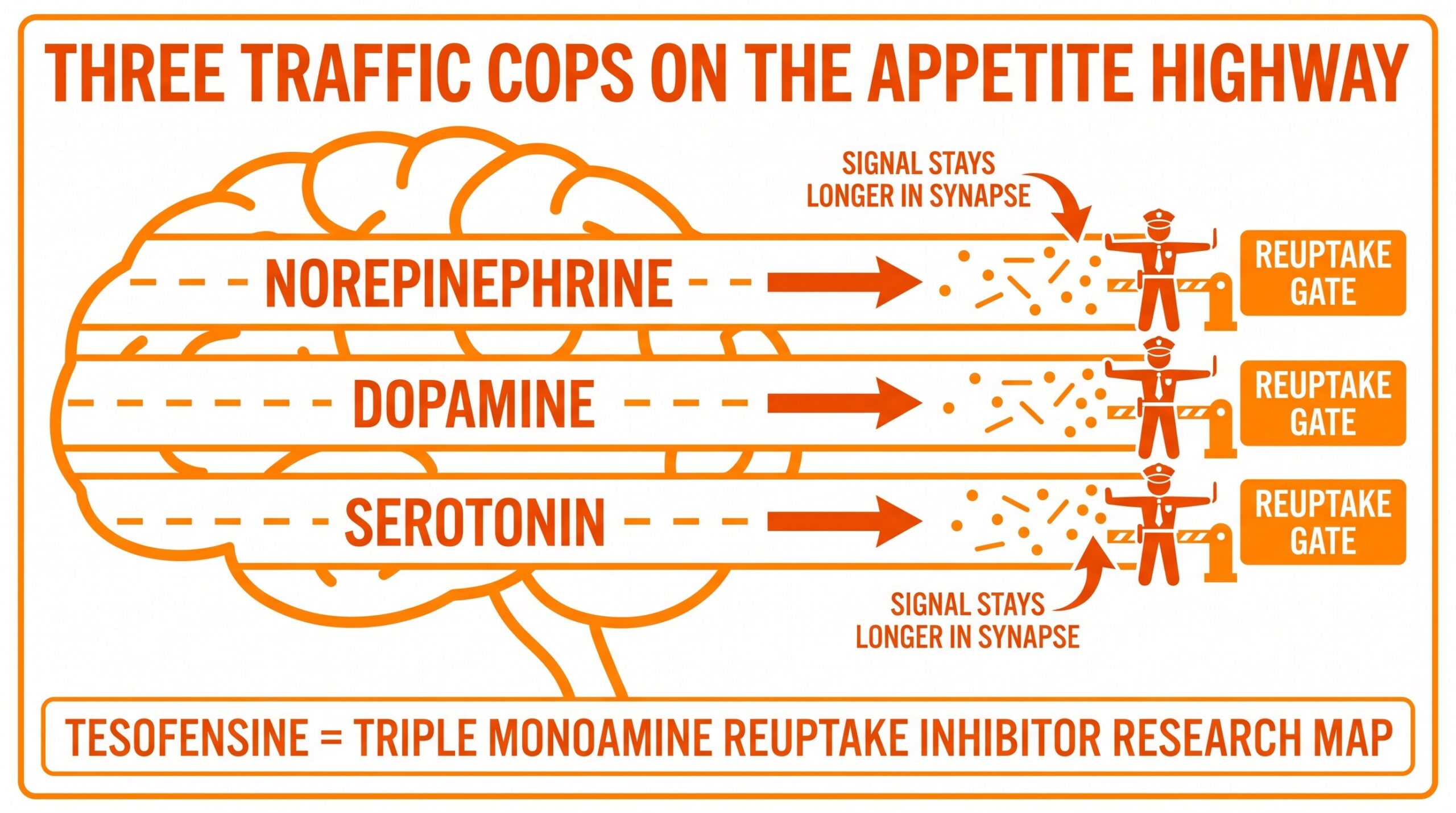 Teaching diagram: tesofensine as three traffic cops on norepinephrine, dopamine, and serotonin appetite lanes.