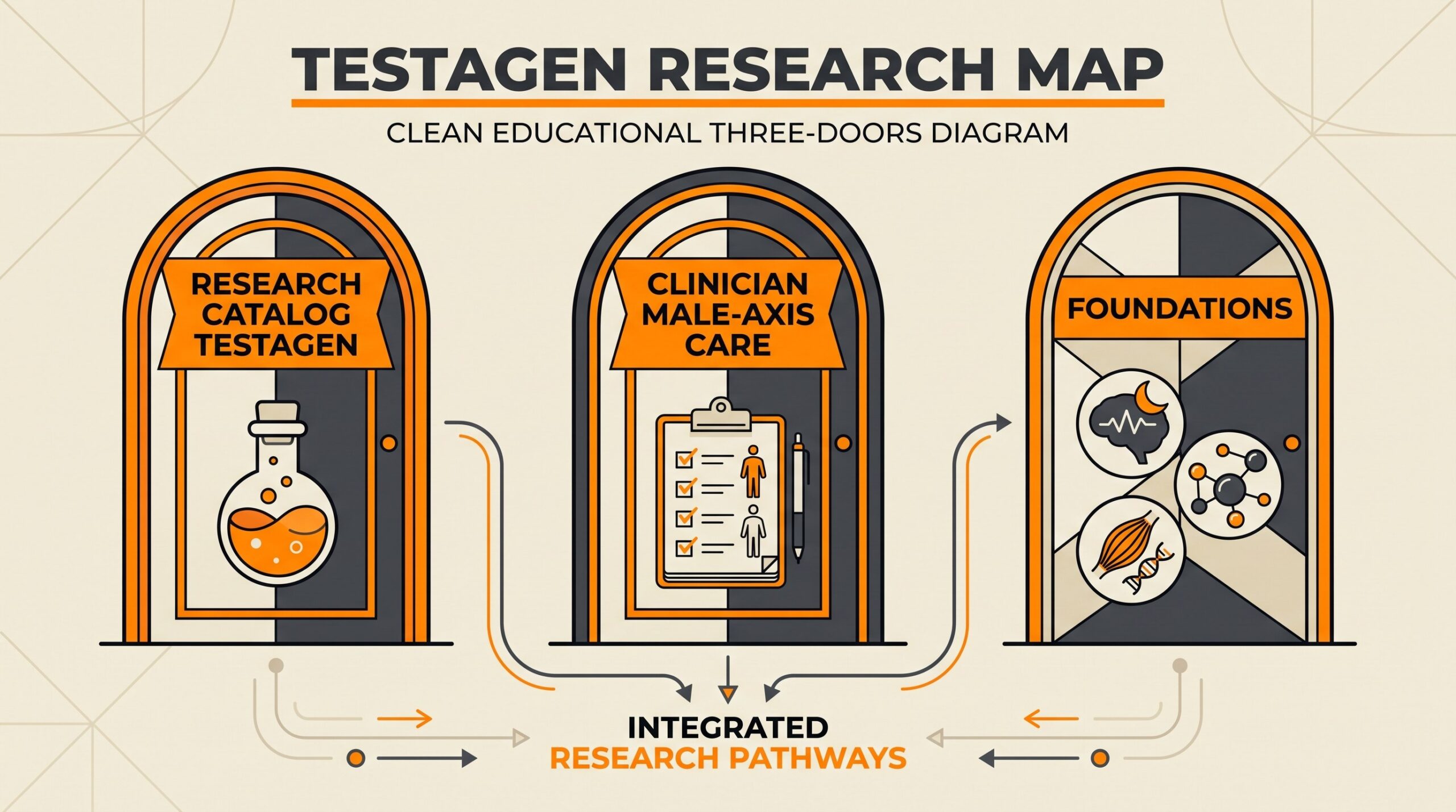 Three doors comparison for Testagen: research catalog vial, clinician male-axis care, and foundation habits.