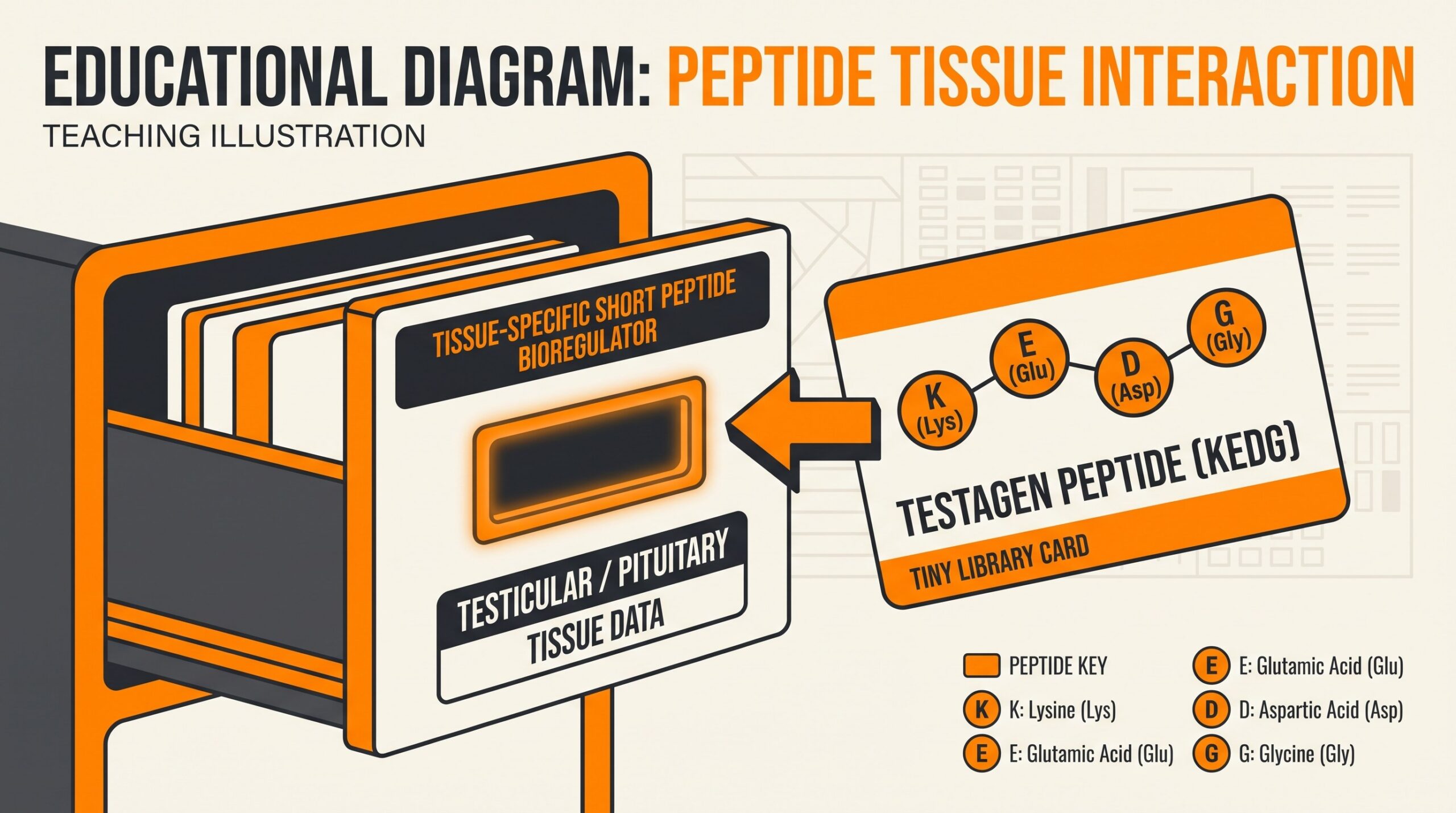 Teaching diagram: Testagen KEDG tetrapeptide as a library card keyed to a testicular / pituitary tissue filing drawer.