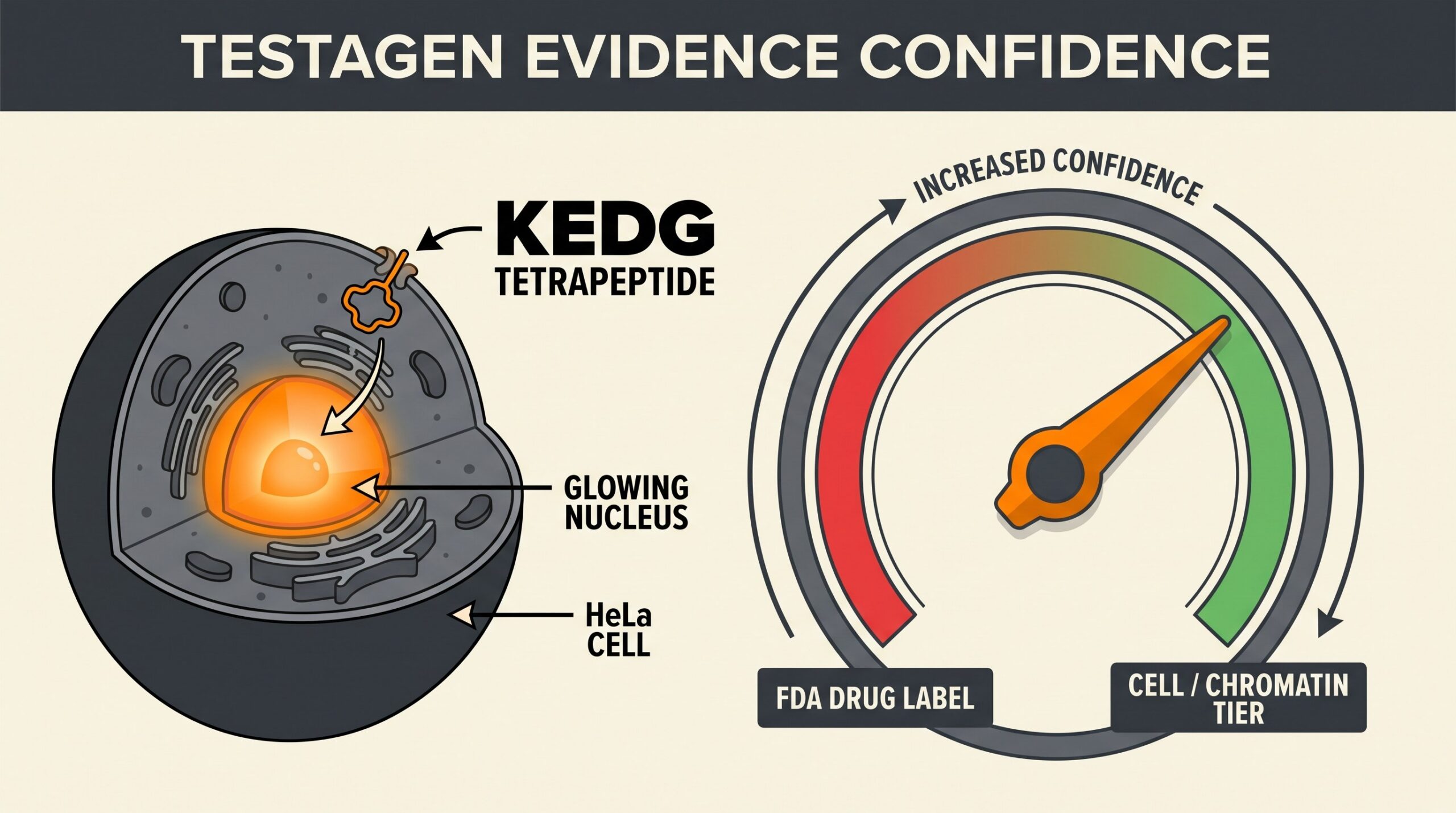Teaching diagram: Testagen evidence confidence dial pointing to cell and chromatin tiers, not an FDA drug label.