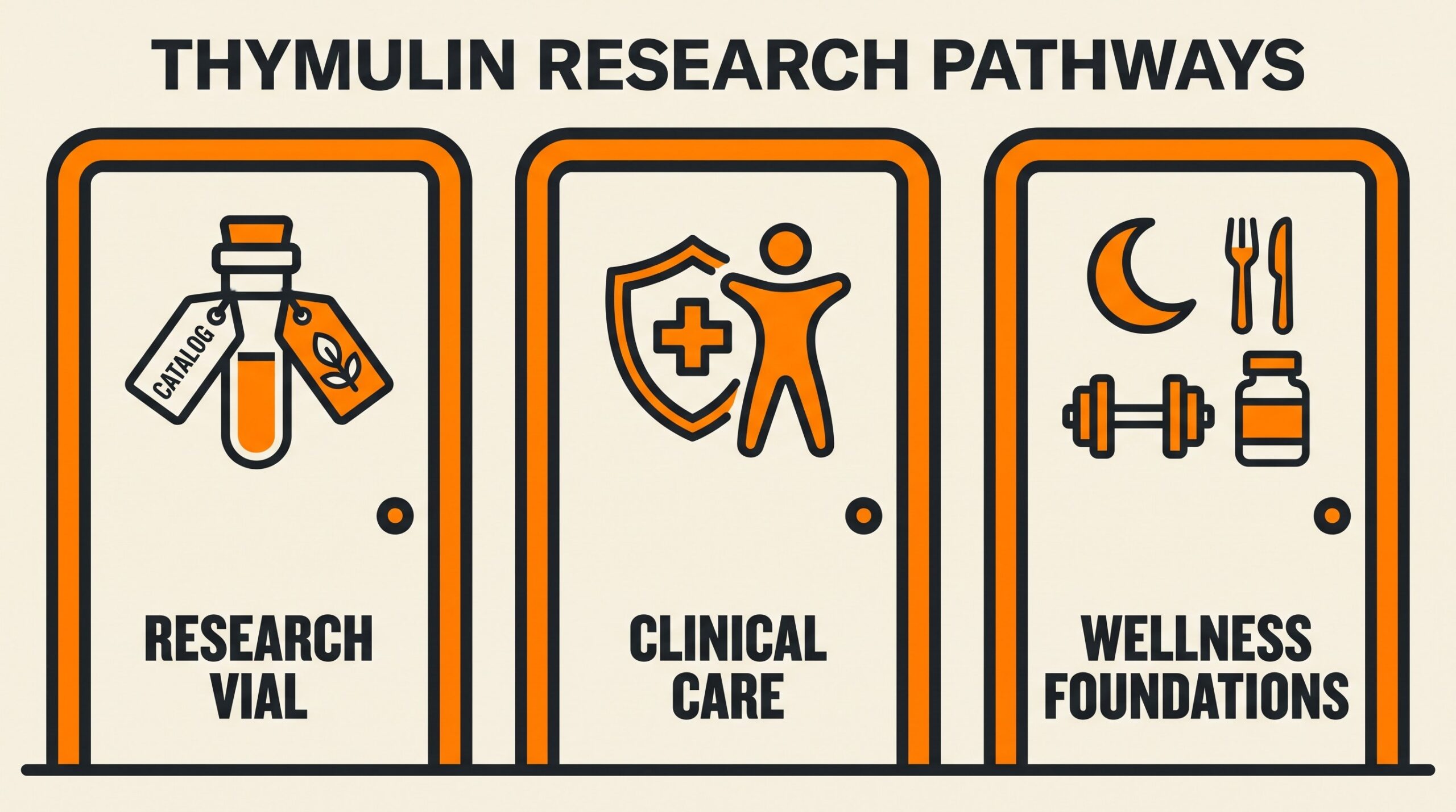 Three doors comparison for thymulin: research catalog vial, clinician immune care, and foundation habits including food zinc.