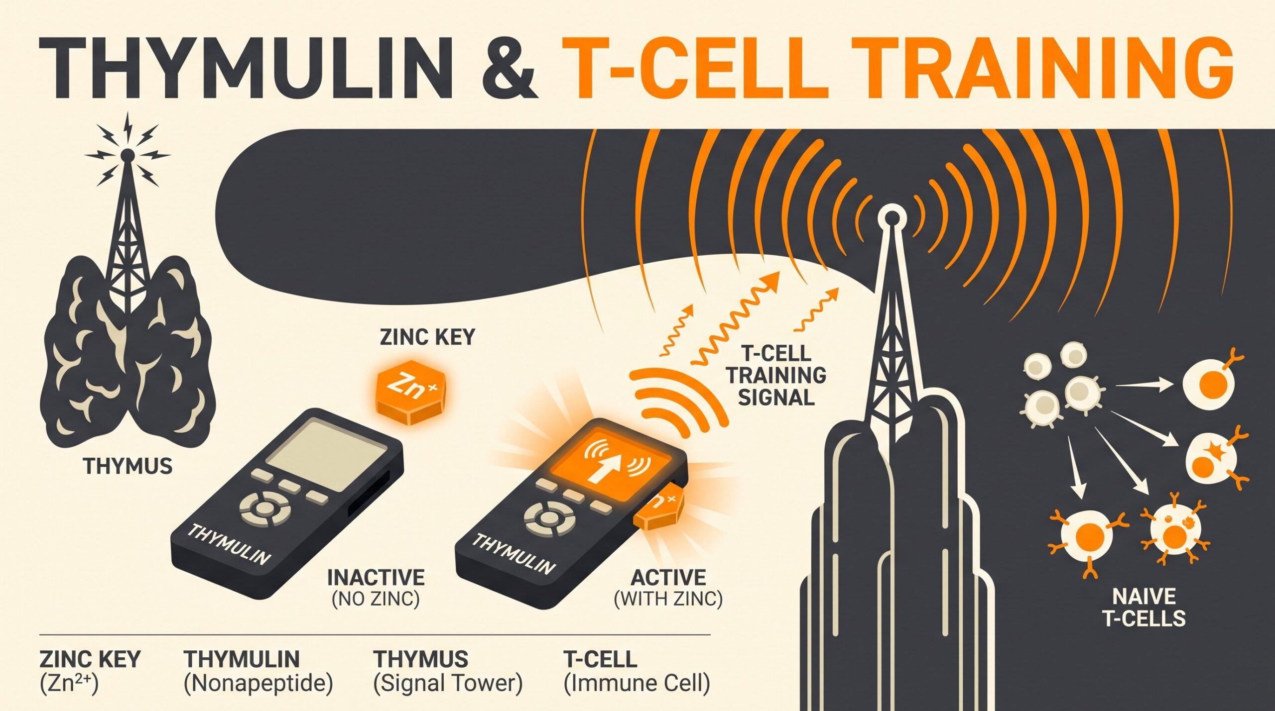 Teaching diagram: thymus as a radio tower with thymulin as a remote that only powers on when a zinc battery key is seated.