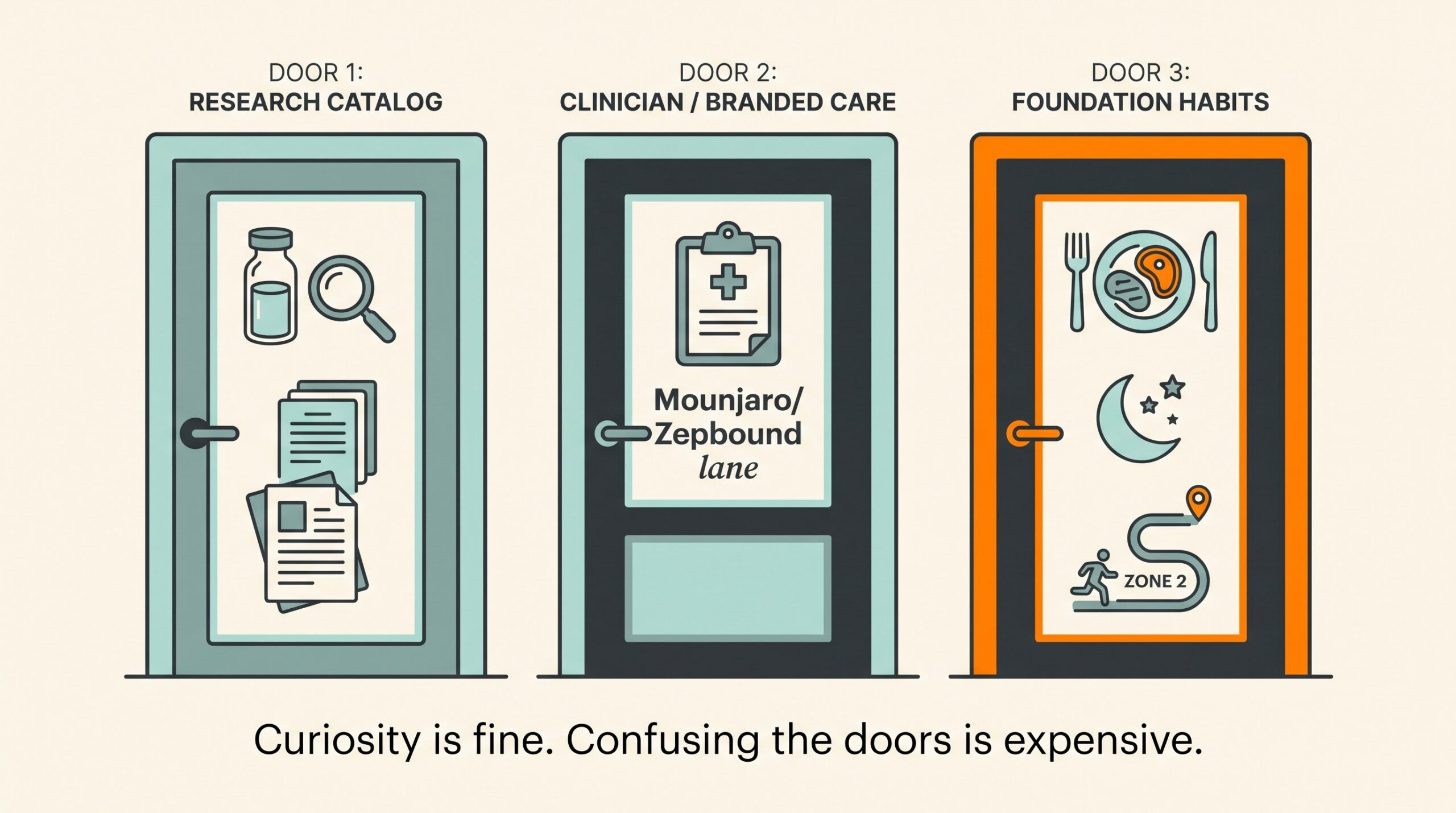 Three doors comparison for tirzepatide: research catalog listing, clinician branded care, and foundation habits.