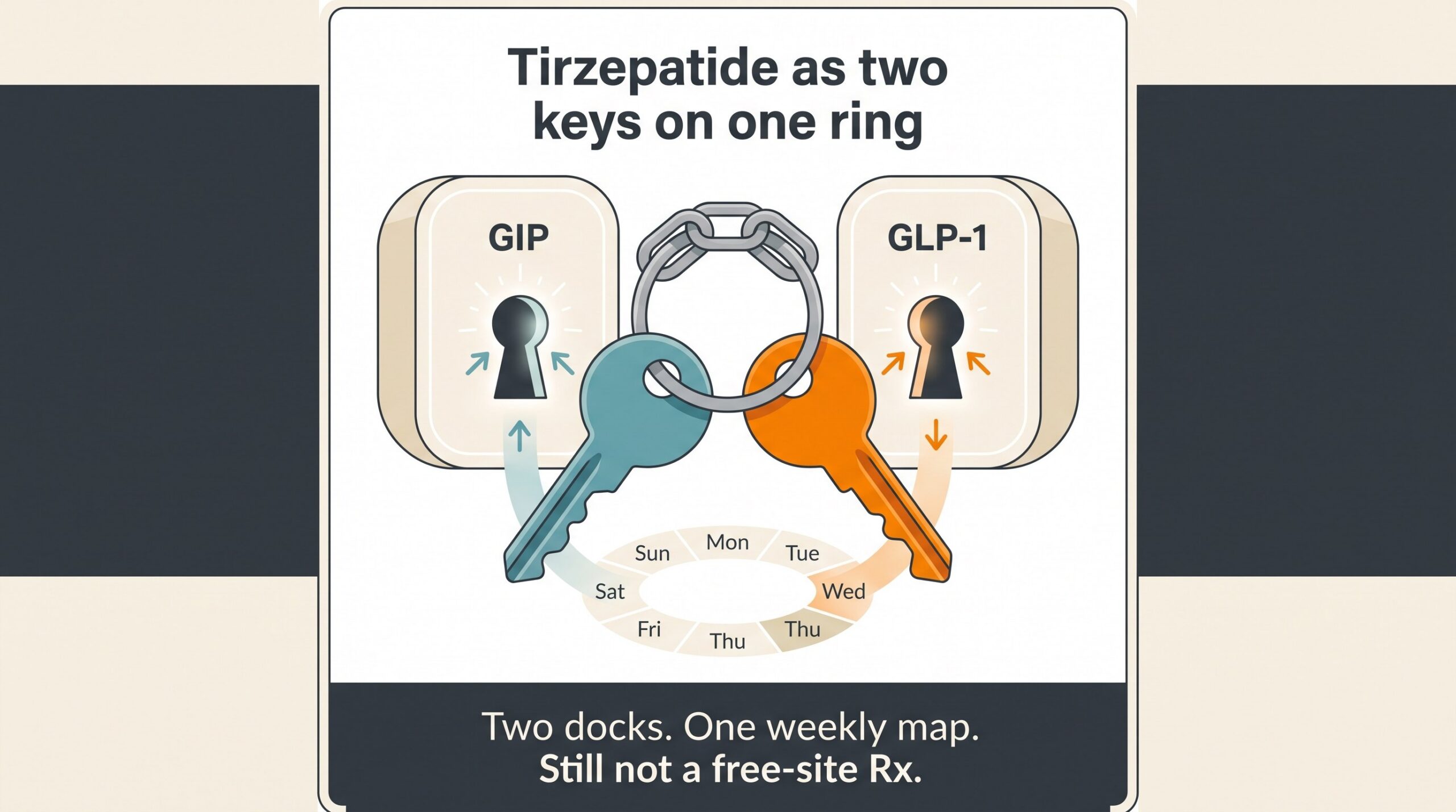 Teaching diagram: tirzepatide as two keys on one ring for the GIP and GLP-1 docks.