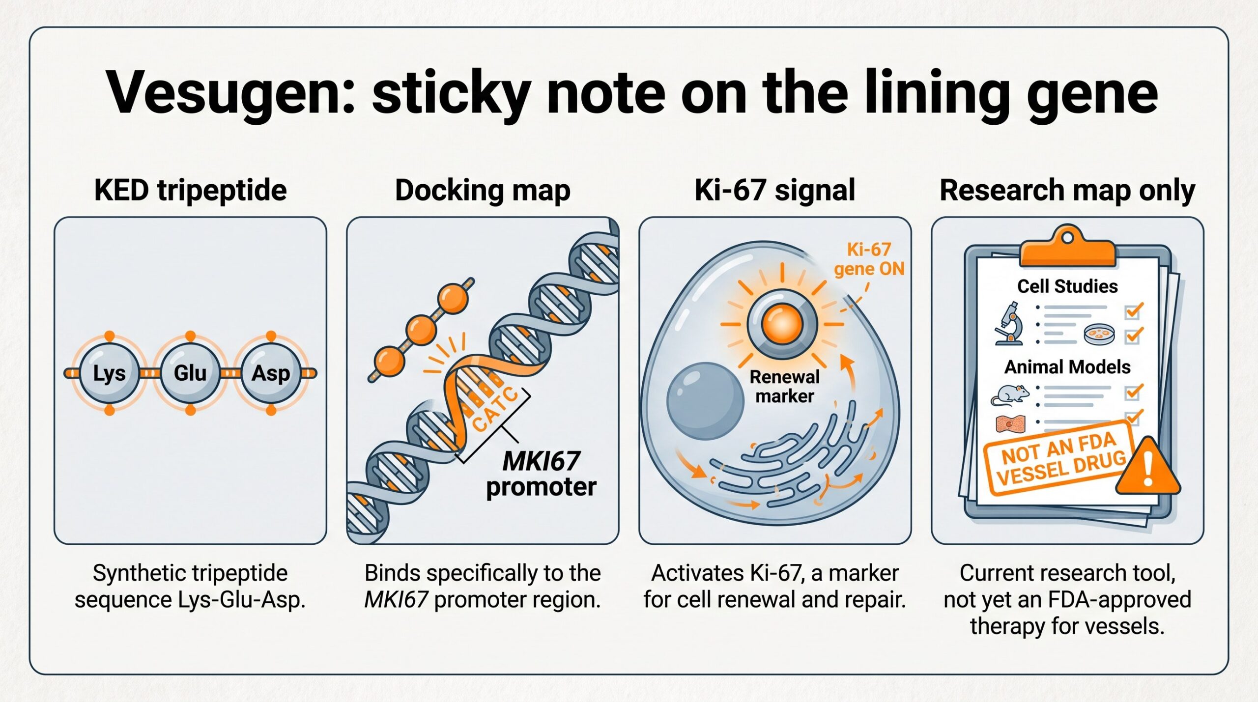 Teaching diagram of Vesugen sticky-note mechanism: KED tripeptide, MKI67 docking map, Ki-67 signal, research map only.