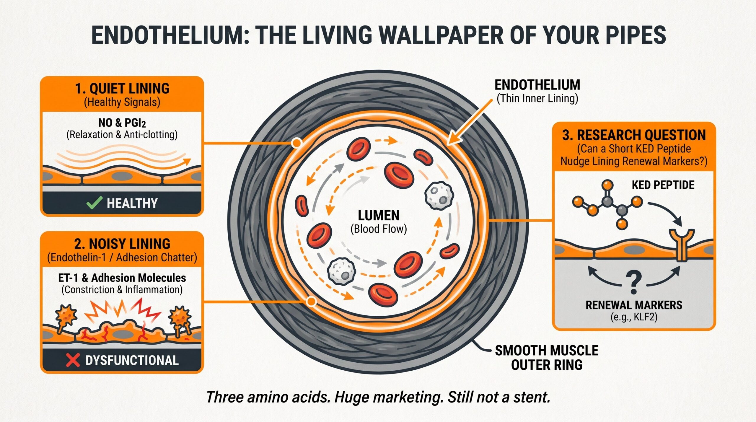 Explainer: blood vessel cross-section with endothelium as living wallpaper, quiet lining versus noisy lining signals, and a research question about KED.