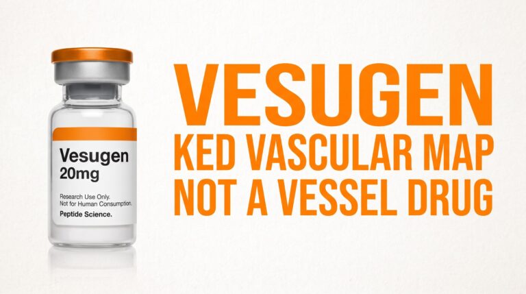 Featured card: Vesugen 20mg research vial with overlay VESUGEN KED VASCULAR MAP NOT A VESSEL DRUG