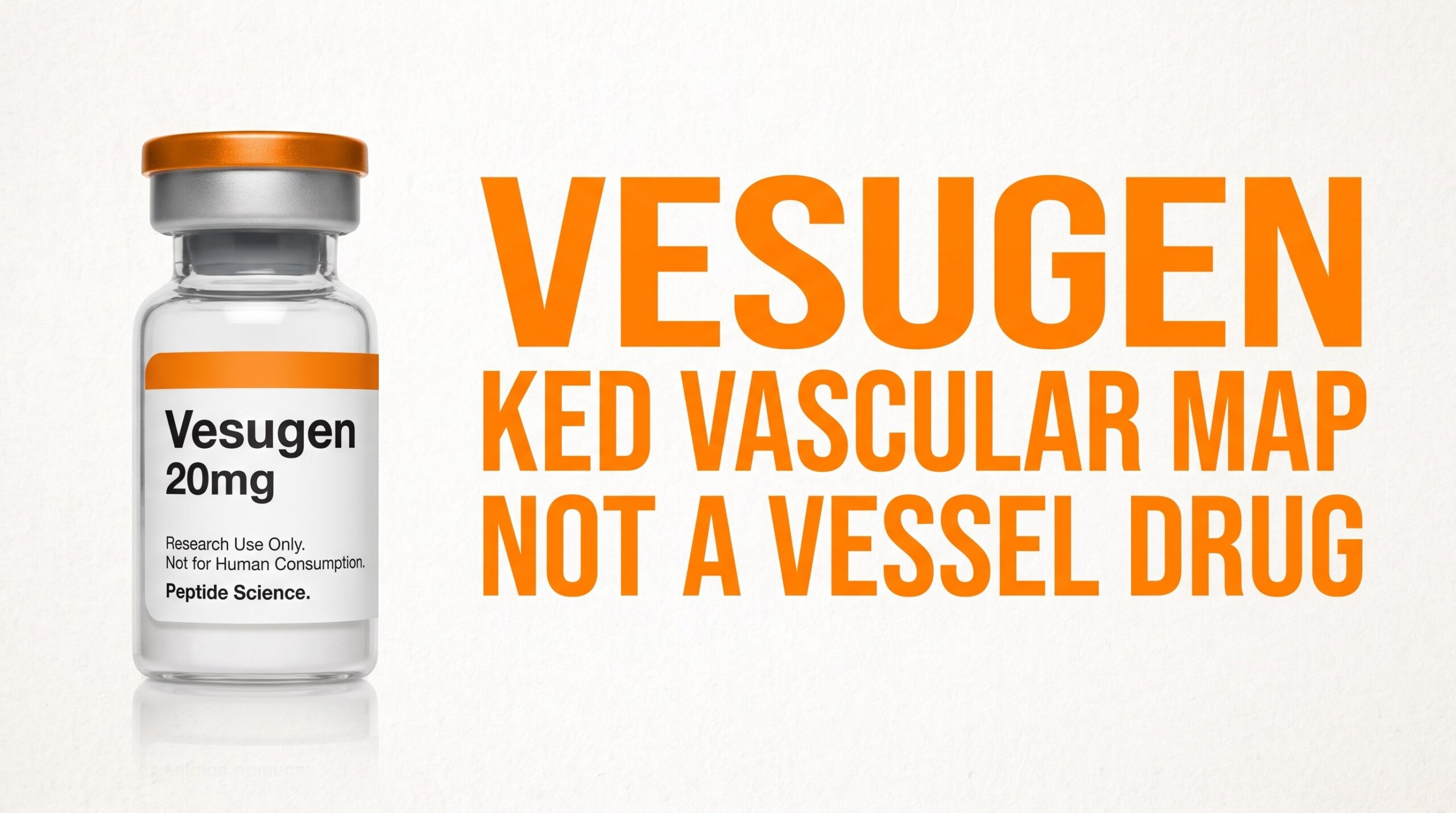 Featured card: Vesugen 20mg research vial with overlay VESUGEN KED VASCULAR MAP NOT A VESSEL DRUG