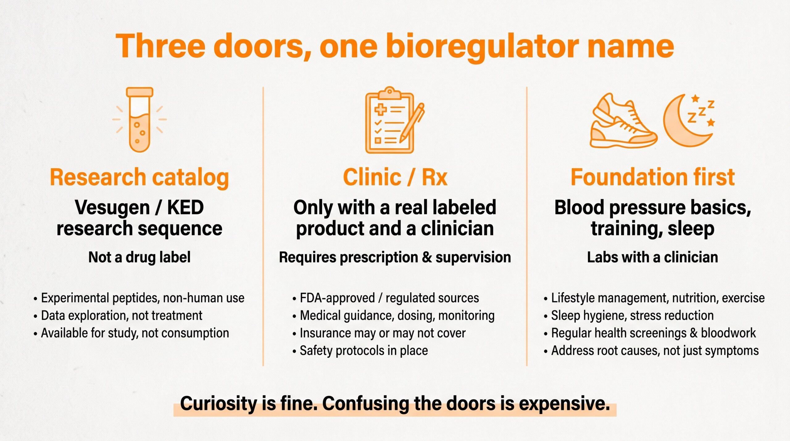 Three doors comparison: research catalog vial, clinic or Rx clipboard, and foundation habits with walking and sleep.