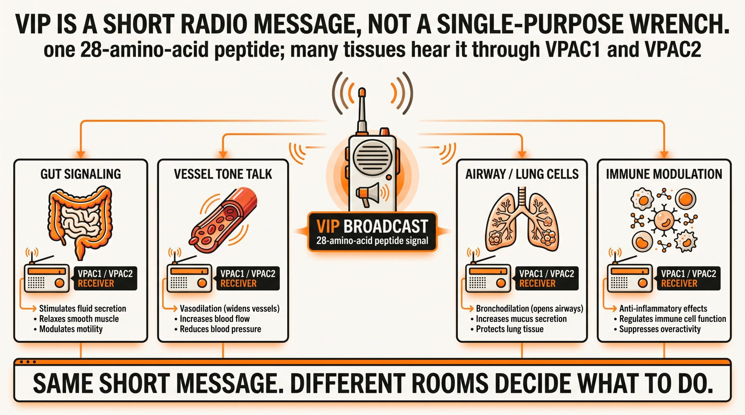 Teaching diagram: VIP as a short radio broadcast heard by gut, vessels, airways, and immune cells through VPAC1 and VPAC2 receivers.