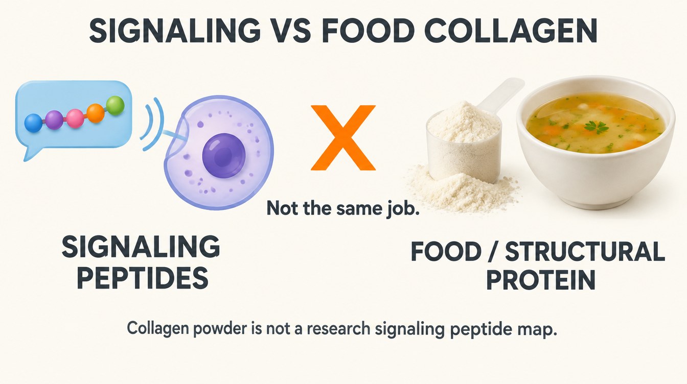 Teaching diagram: signaling peptides vs food collagen — not the same job