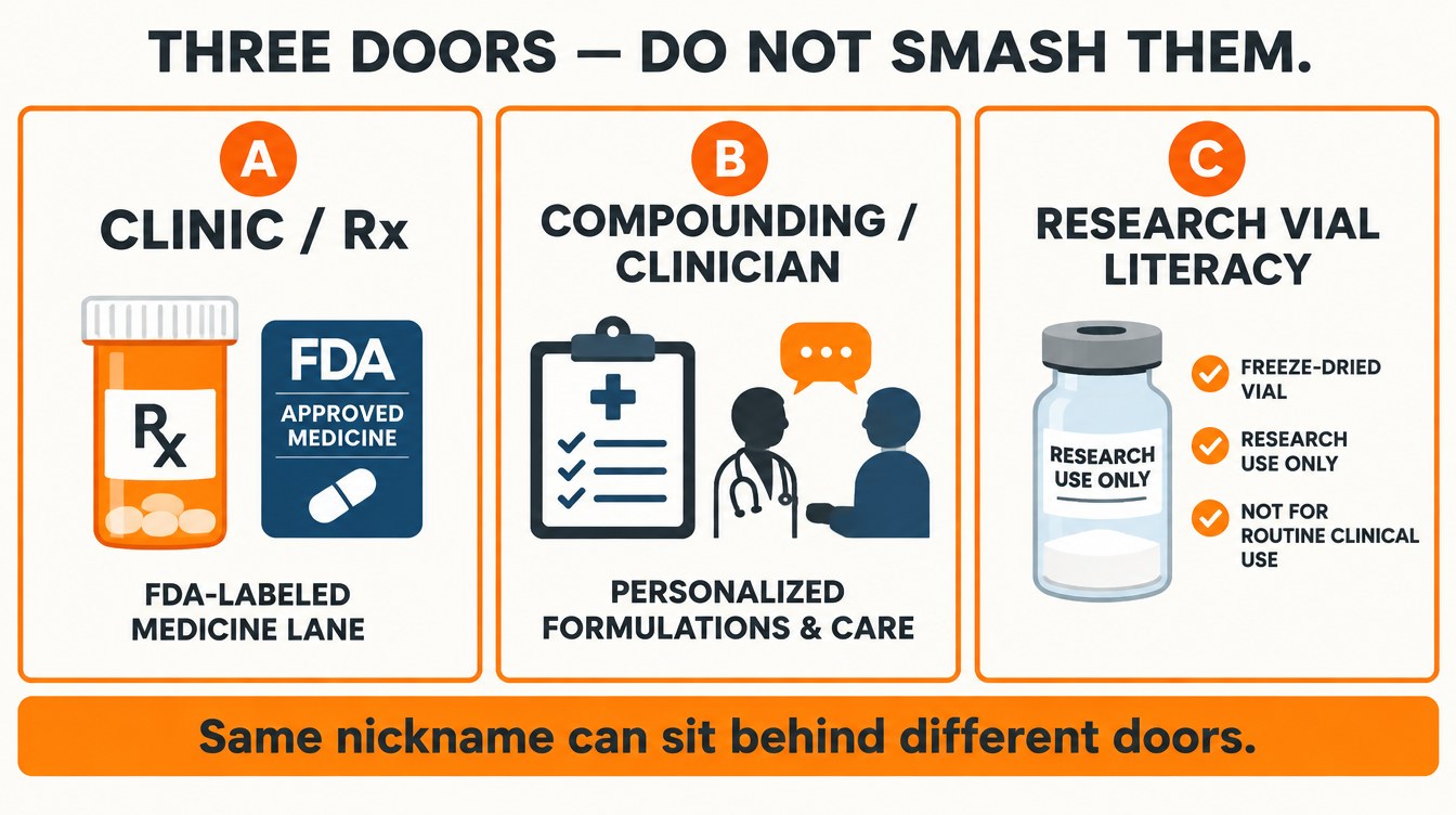 Teaching diagram: clinic Rx door vs compounding clinician door vs research vial literacy door