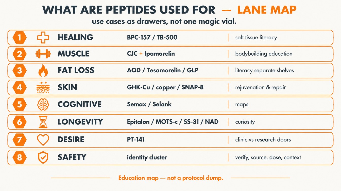 Teaching diagram: what are peptides used for — eight use-case lanes