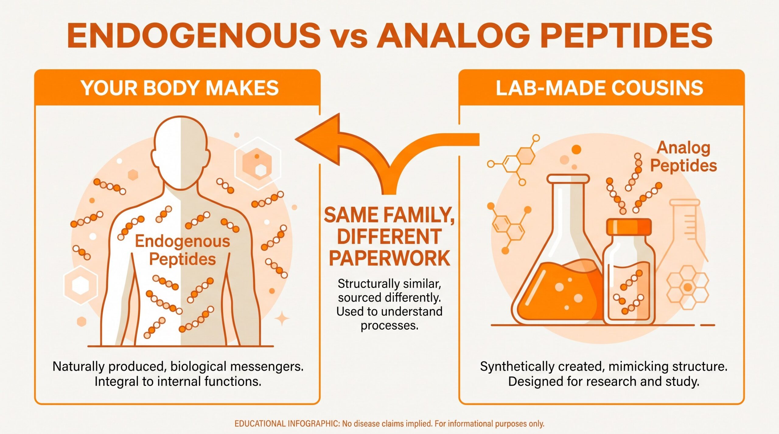 Teaching diagram: endogenous peptides vs lab-made analogs