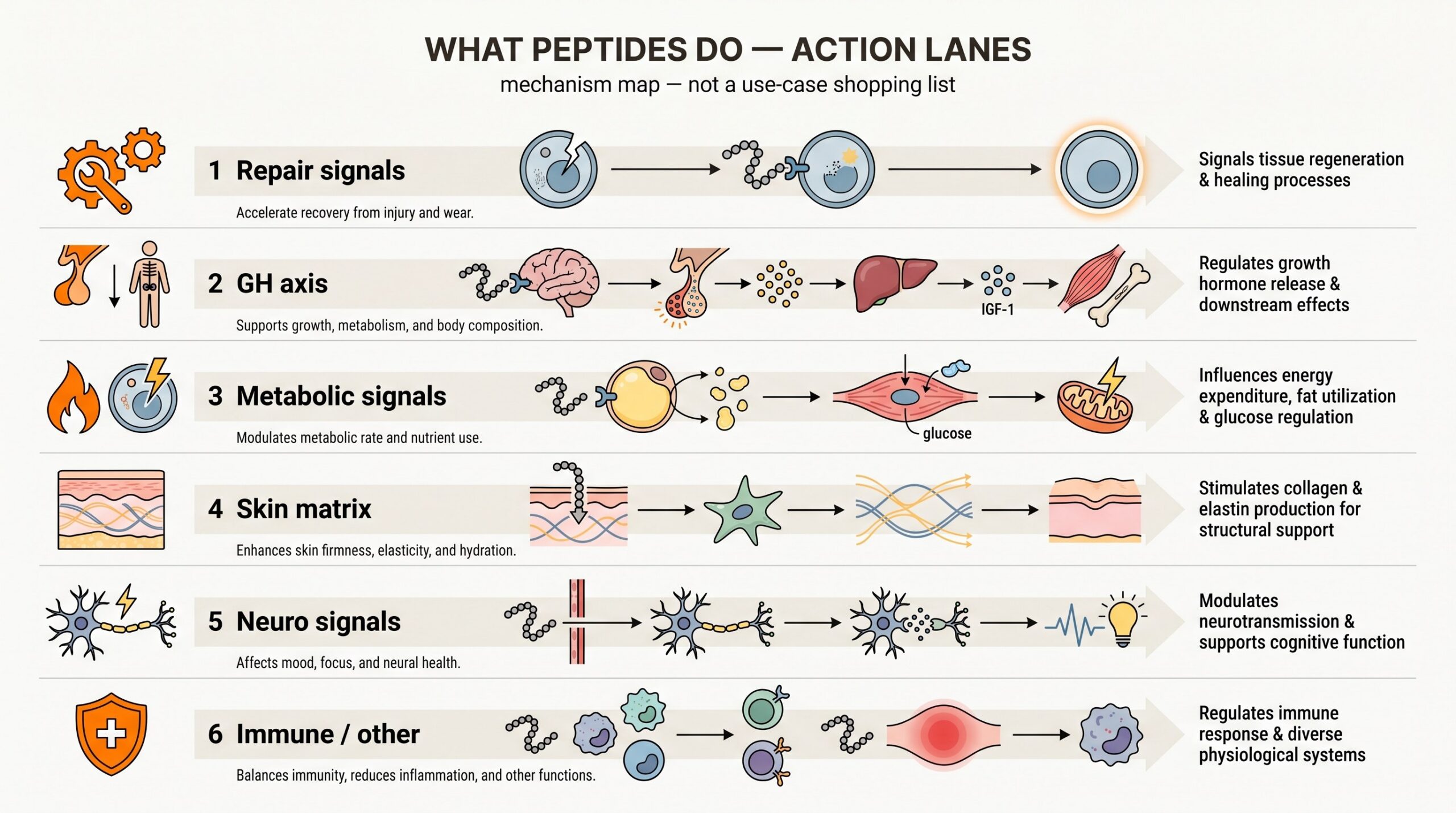 Teaching diagram: six peptide action lanes — mechanism map