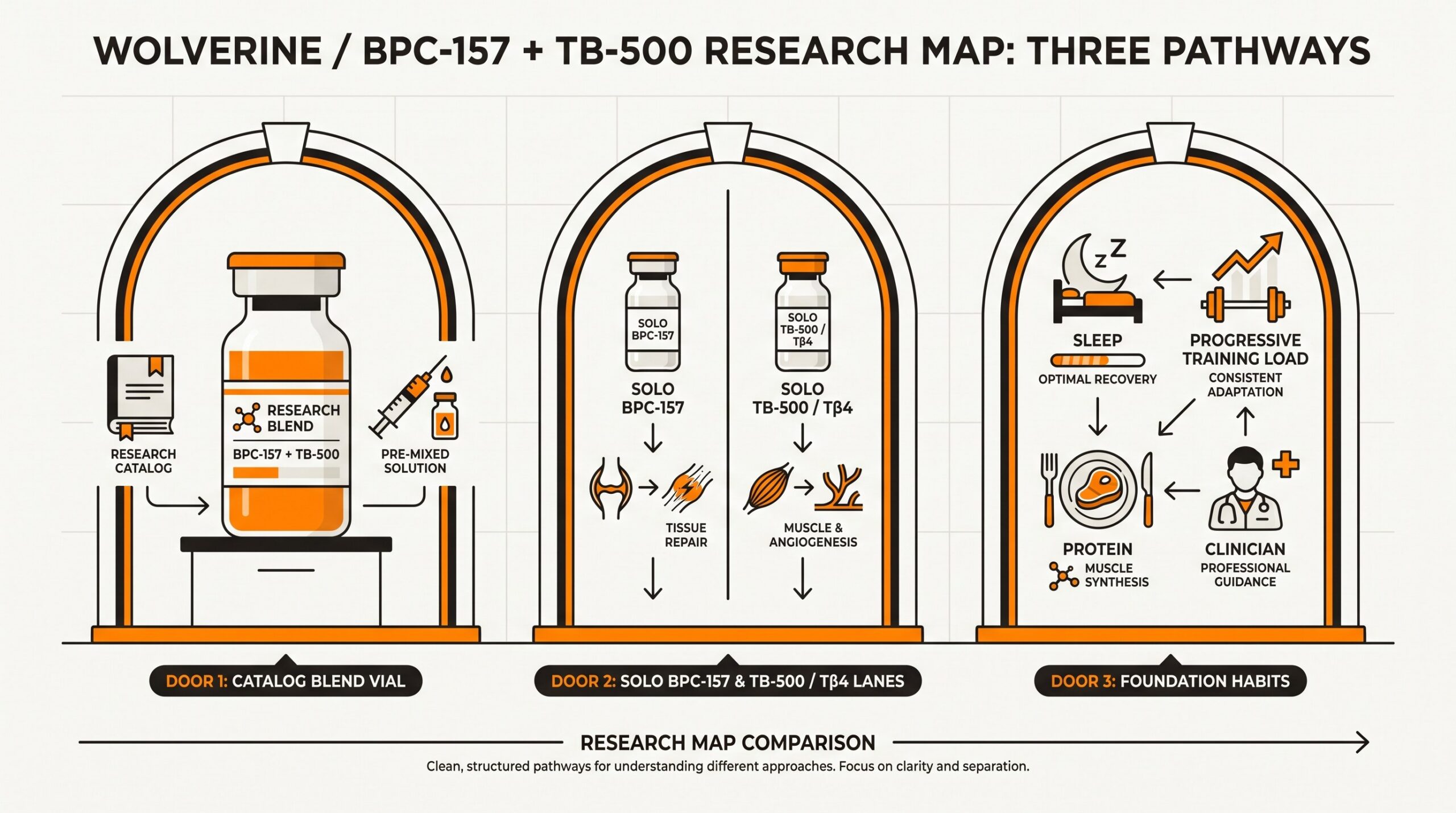 Three doors comparison for Wolverine: research catalog blend vial, solo BPC-157 and TB-500 maps, and foundation habits.