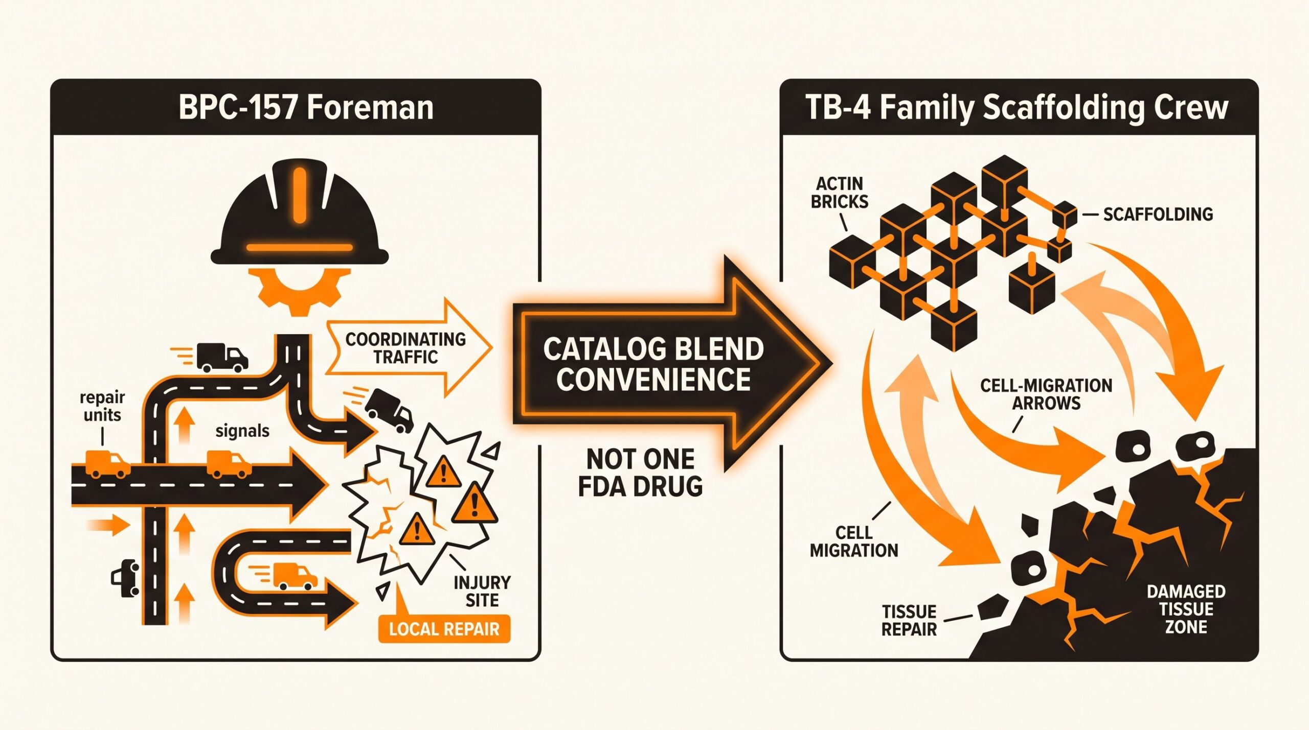 Teaching diagram: Wolverine blend as a two-crew jobsite — BPC-157 as local repair foreman, TB-4 family as actin scaffolding crew for cell migration.