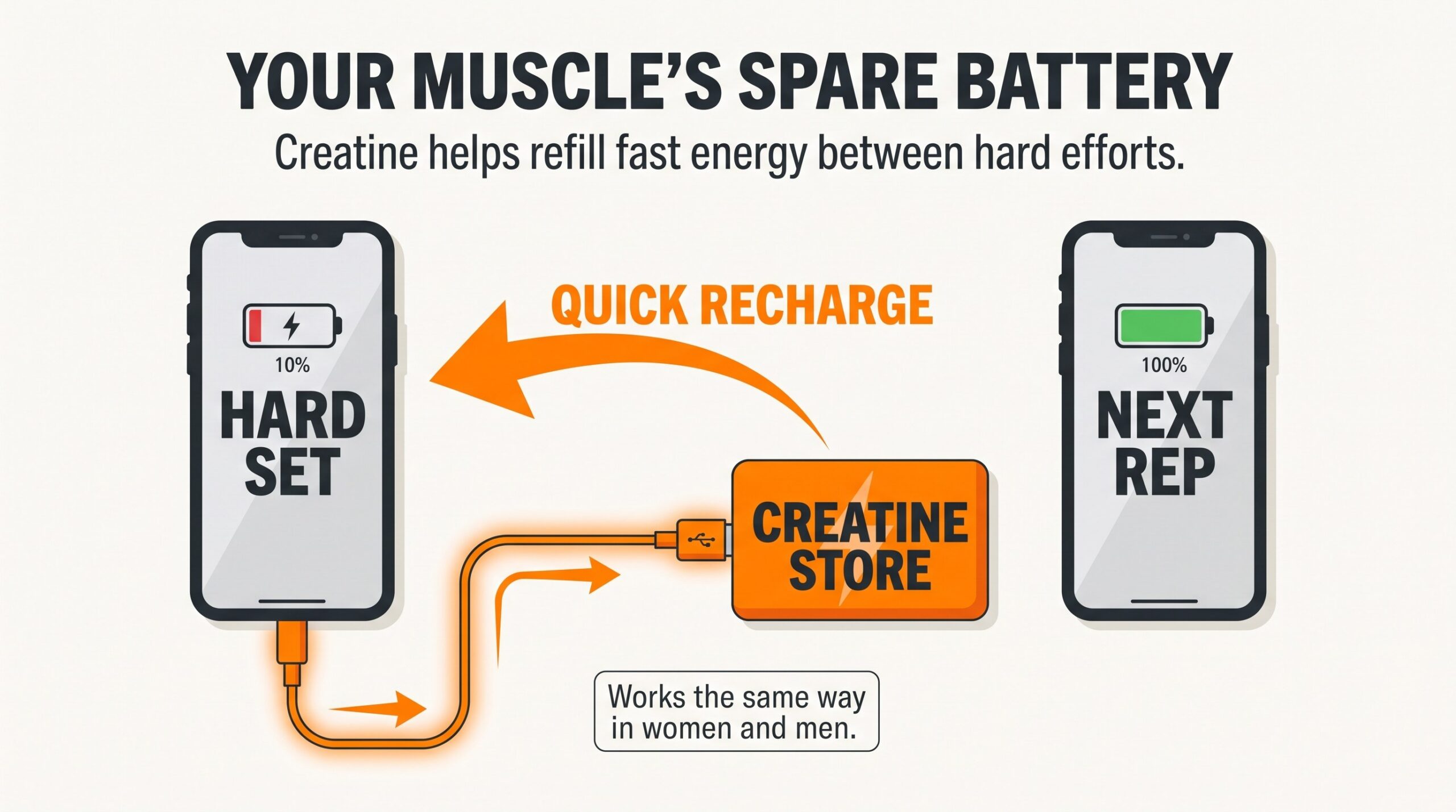 Teaching diagram: creatine works like a spare battery that helps muscles recharge fast energy between hard efforts
