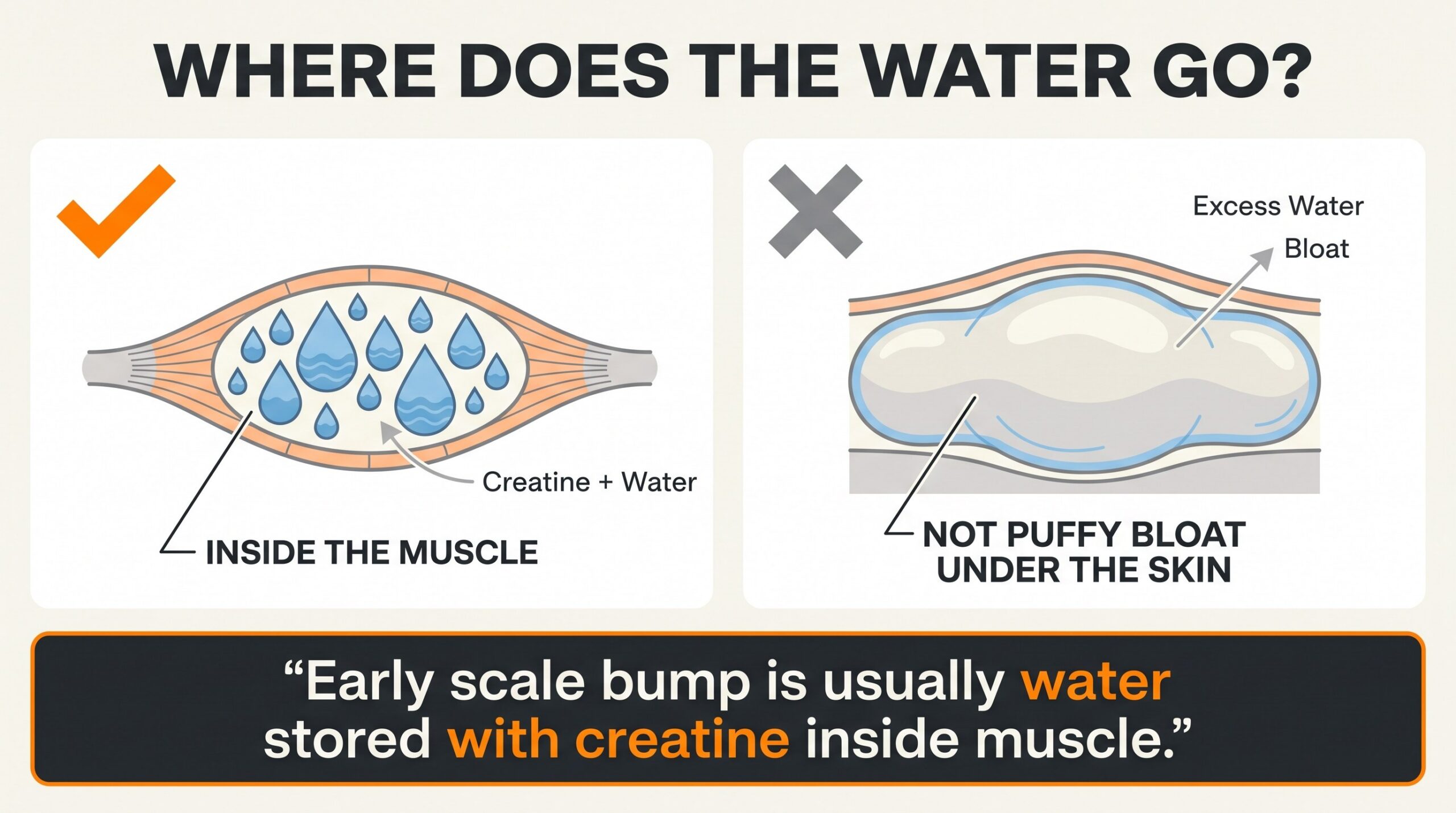 Teaching diagram: water from creatine is stored inside the muscle, not as puffy bloat under the skin