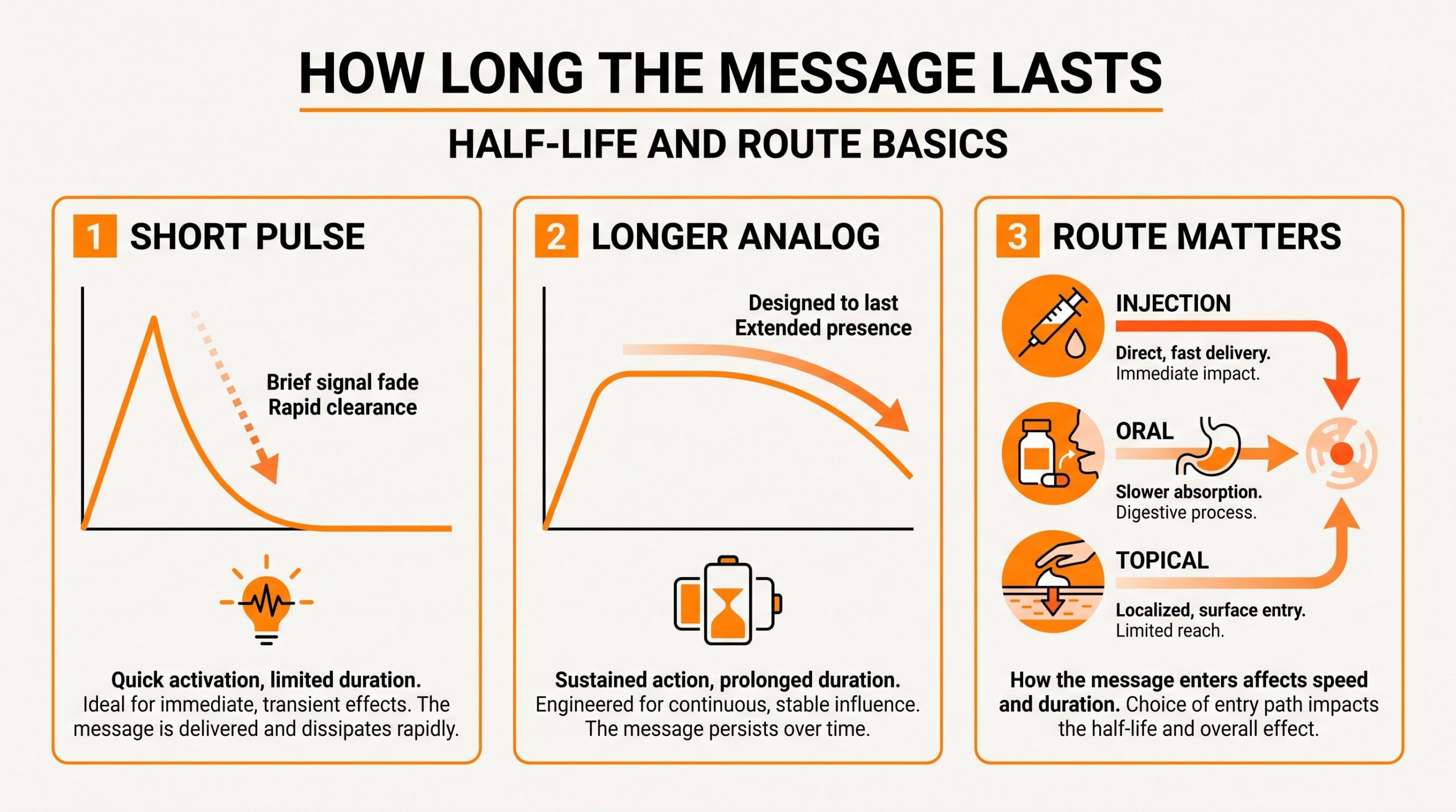 Teaching diagram: peptide half-life pulse vs long analog vs route literacy