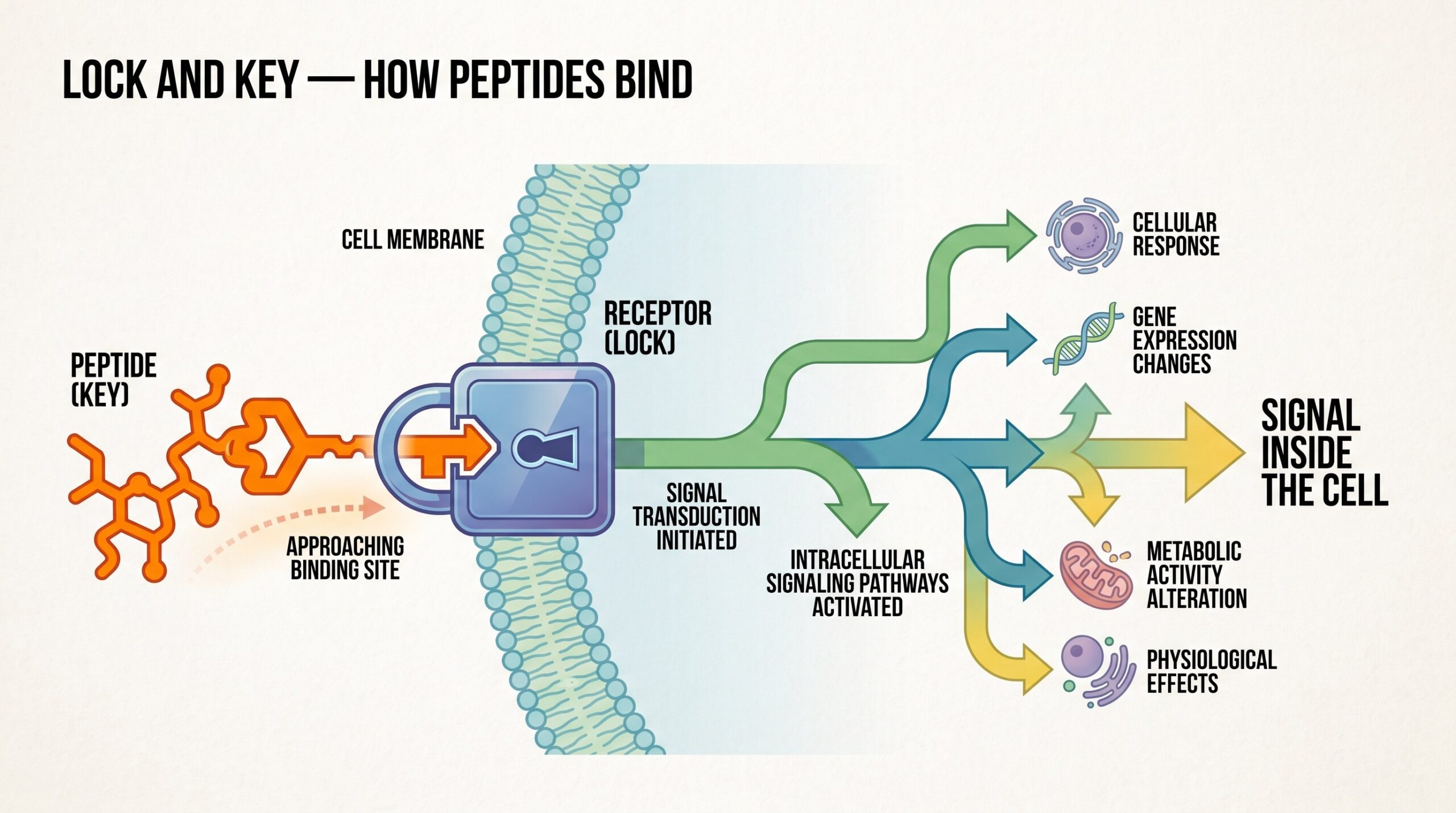 Teaching diagram: peptide lock-and-key binding and signal cascade